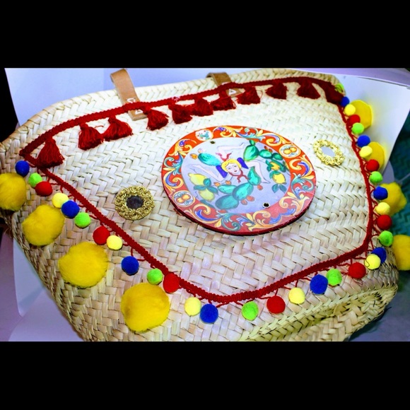 Handbags - COPY - Sicilian Straw Coffa Bag with Pom Poms and…